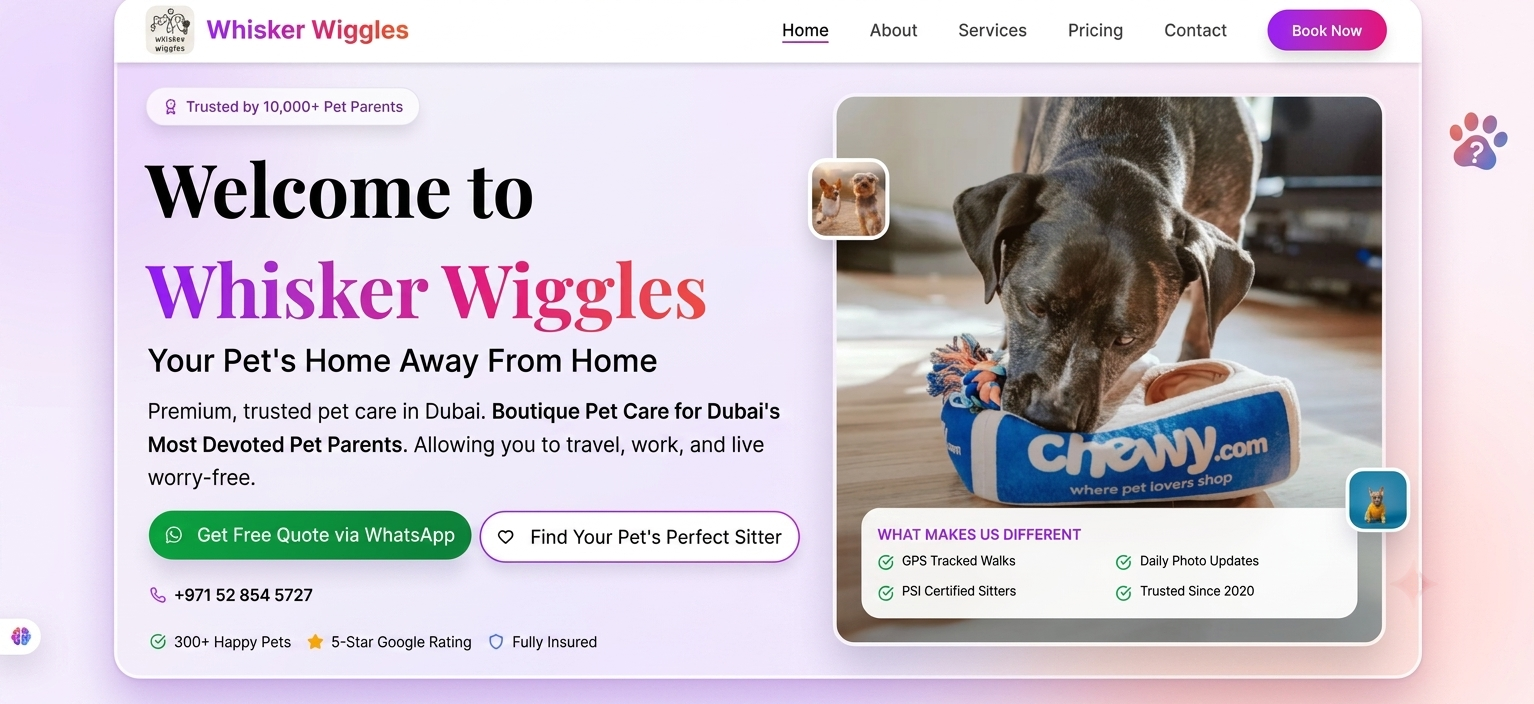 Screenshot preview of Whisker Wiggles - Pet Sitting Website